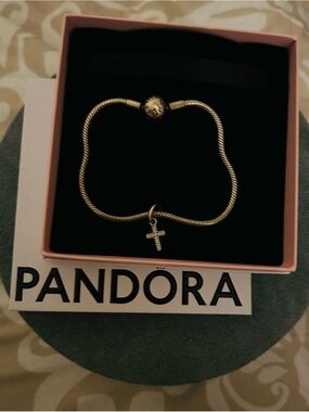 Pandora Snake Chain Bracelet with Cross Dangle needs cleaning 7.1